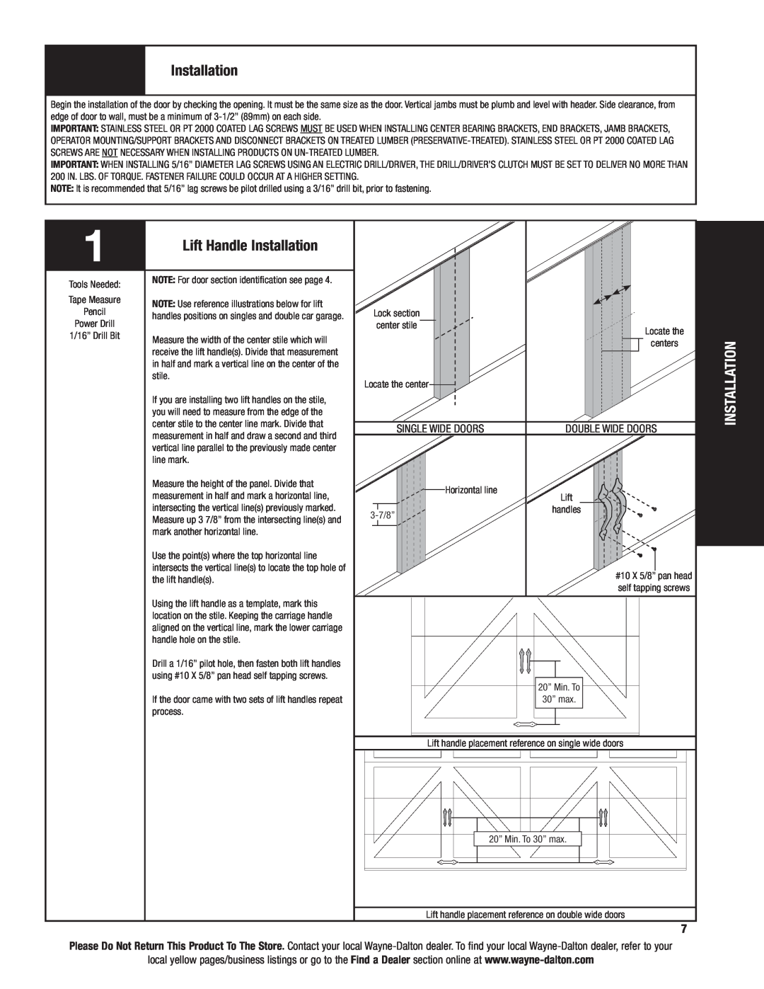 Wayne-Dalton 6100 installation instructions Lift Handle Installation, Single wide doors 