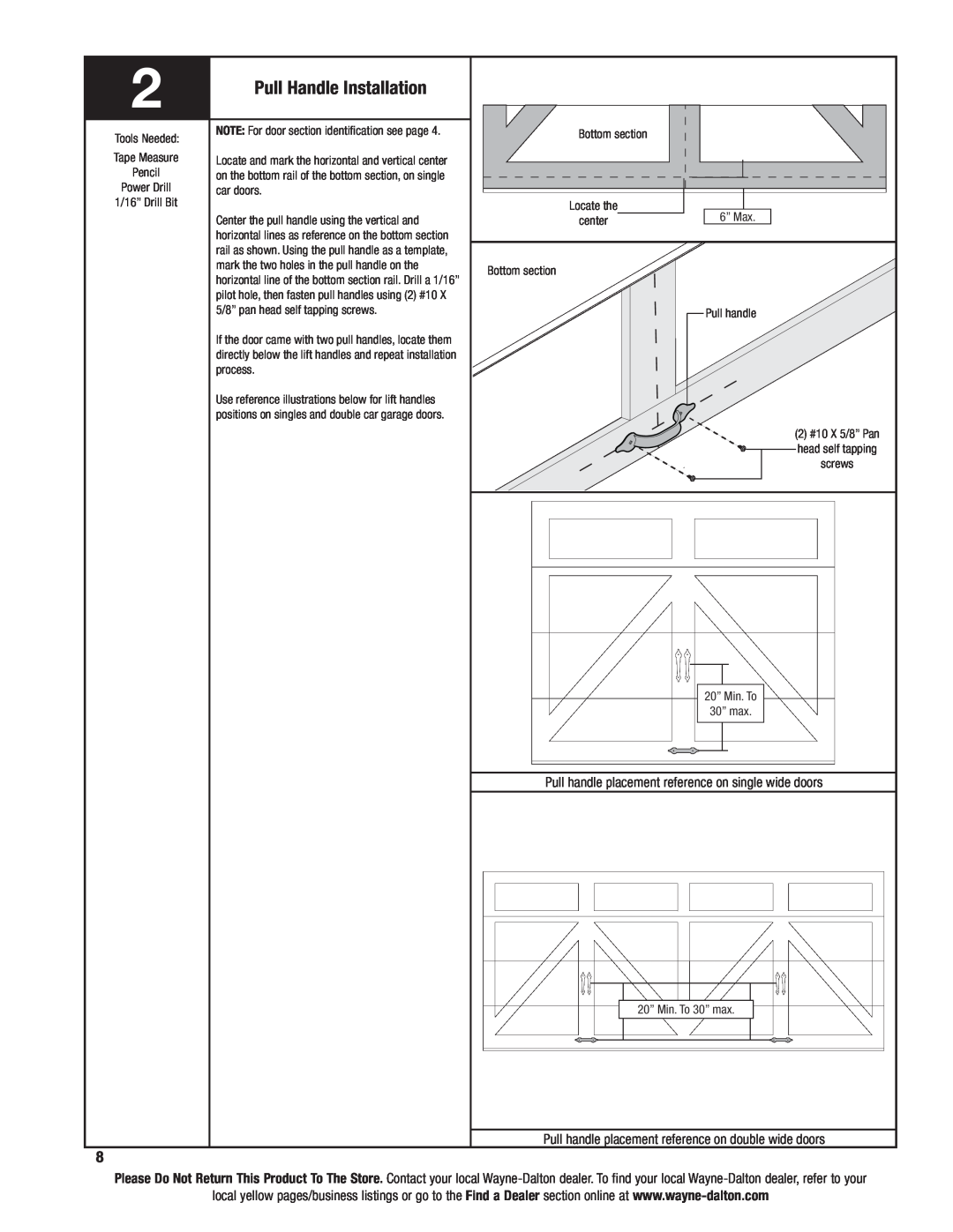 Wayne-Dalton 6100 installation instructions Pull Handle Installation, Pull handle placement reference on single wide doors 