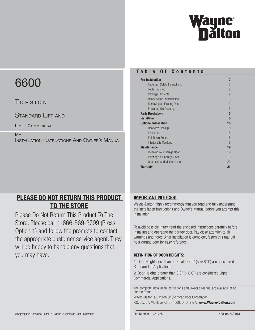 Wayne-Dalton 6600 installation instructions B l e O f C o n t e n t s, Important Notices, Part Number 