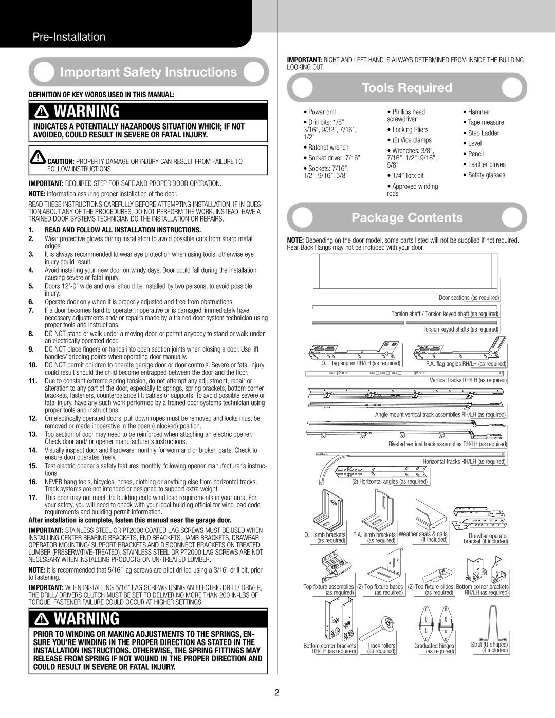 Wayne-Dalton 6600 installation instructions Important Safety Instructions, Tools Required, Package Contents 