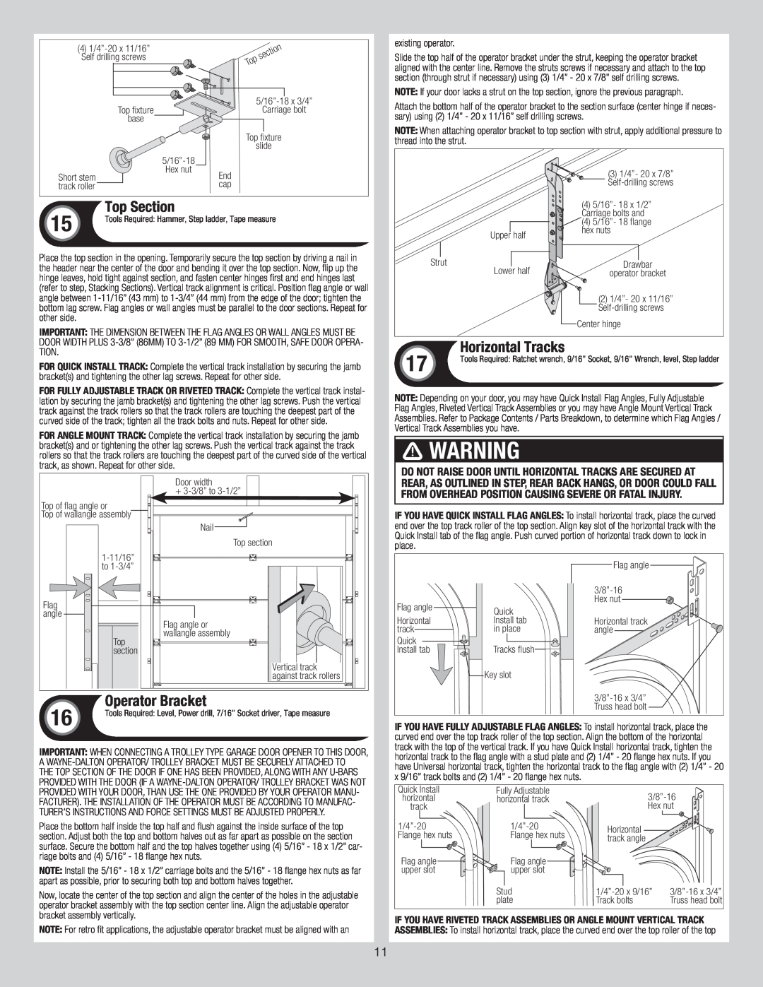 Wayne-Dalton 6600 installation instructions Top Section, Operator Bracket, Horizontal Tracks, WarningARNING 