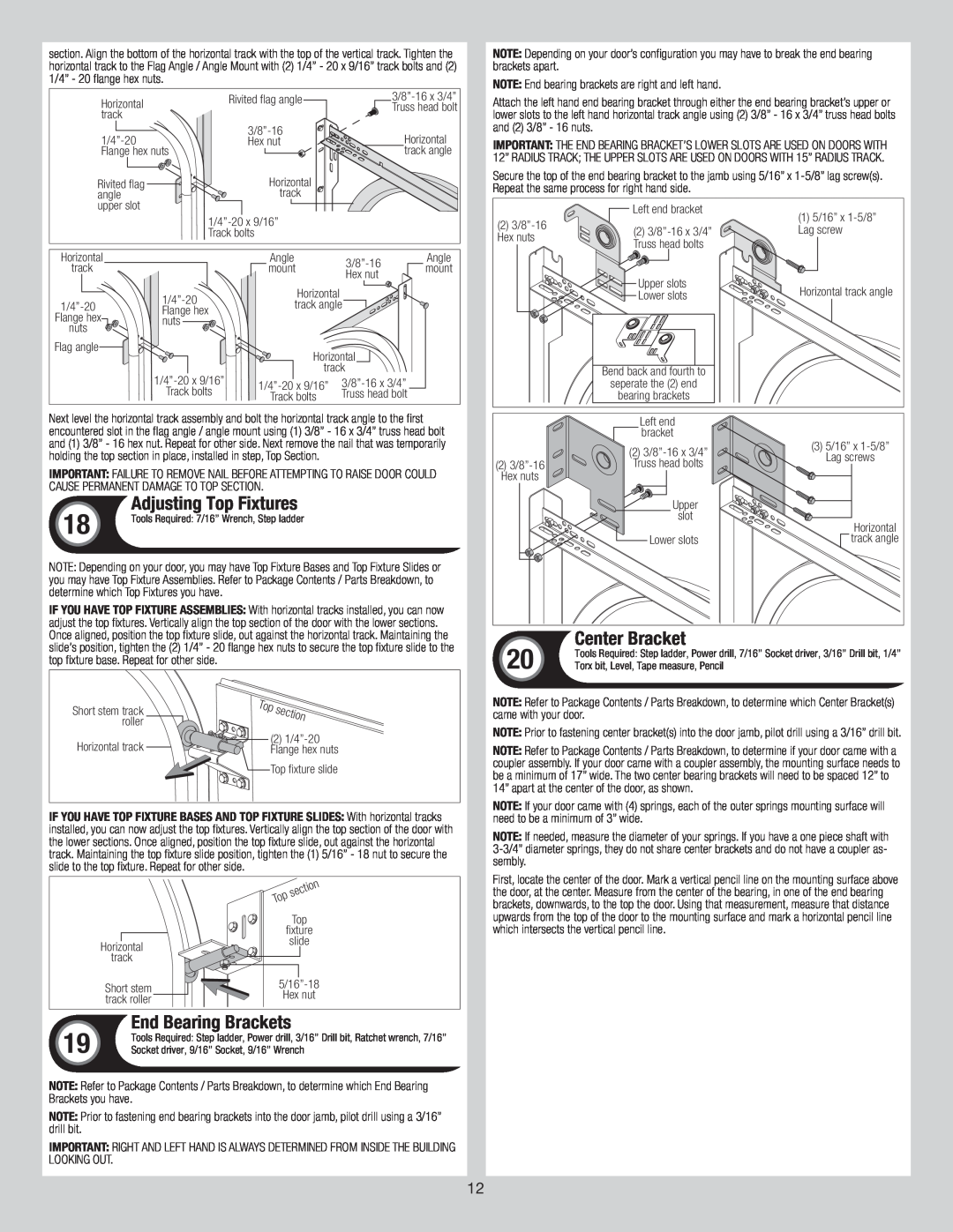 Wayne-Dalton 6600 installation instructions End Bearing Brackets, Center Bracket, Adjusting Top Fixtures 