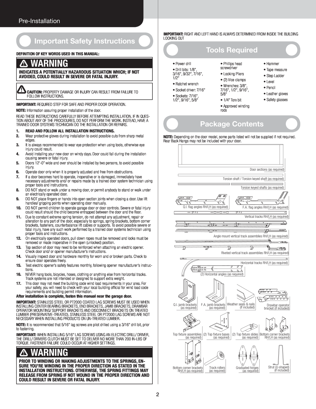 Wayne-Dalton 6600 WarningARNING, Important Safety Instructions, Tools Required, Package Contents, Pre-Installation 