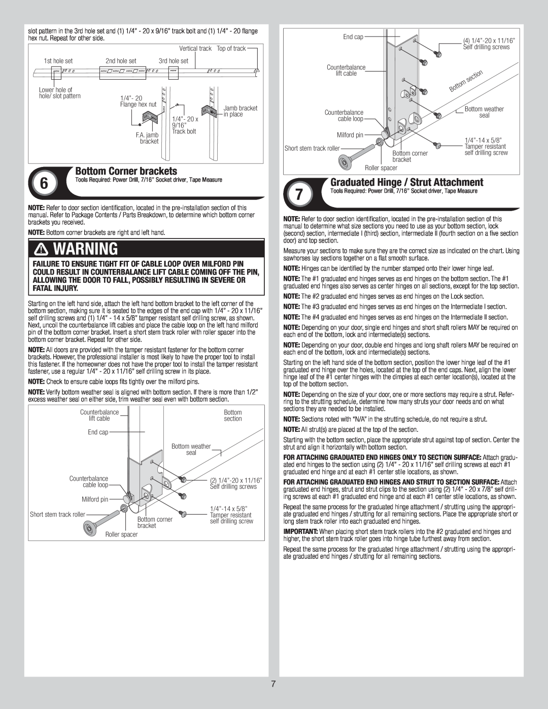Wayne-Dalton 6600 installation instructions Bottom Corner brackets, Graduated Hinge / Strut Attachment, WarningARNING 
