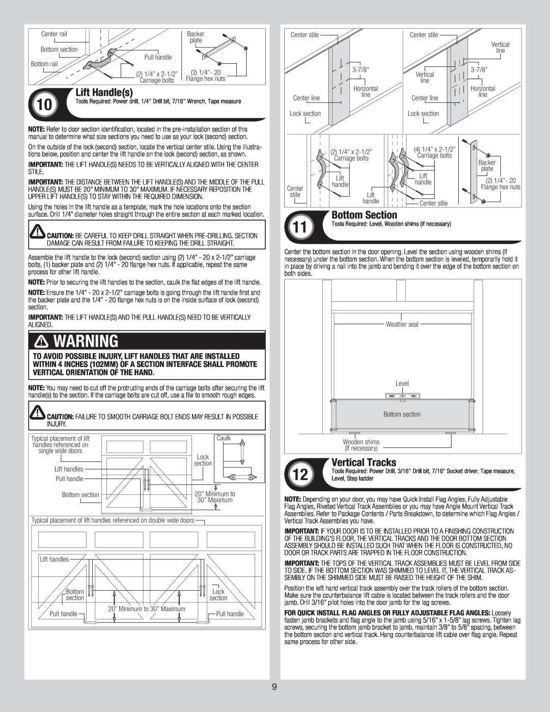 Wayne-Dalton 6600 installation instructions Lift Handles, Bottom Section, Vertical Tracks, WarningARNING 