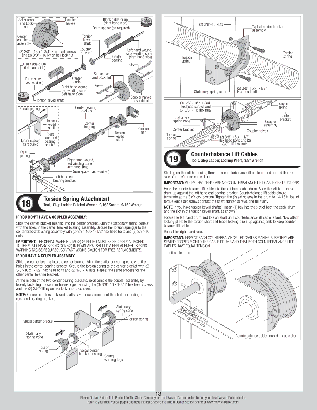 Wayne-Dalton 7100 Series installation instructions Torsion Spring Attachment, If you have a Coupler Assembly 