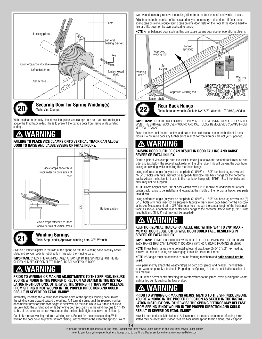 Wayne-Dalton 7100 Series Rear Back Hangs, Winding Springs, Securing Door for Spring Windings, Tools Vice Clamps 