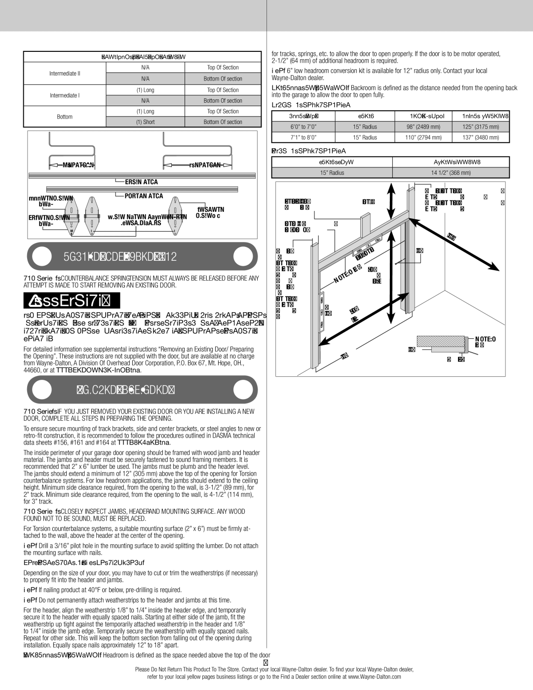 Wayne-Dalton 7100 Series installation instructions Removing an Existing Door, Preparing the Opening, Headroom Requirements 