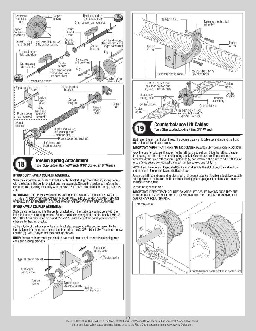 Wayne-Dalton 7100 Series installation instructions Torsion Spring Attachment, Counterbalance Lift Cables 