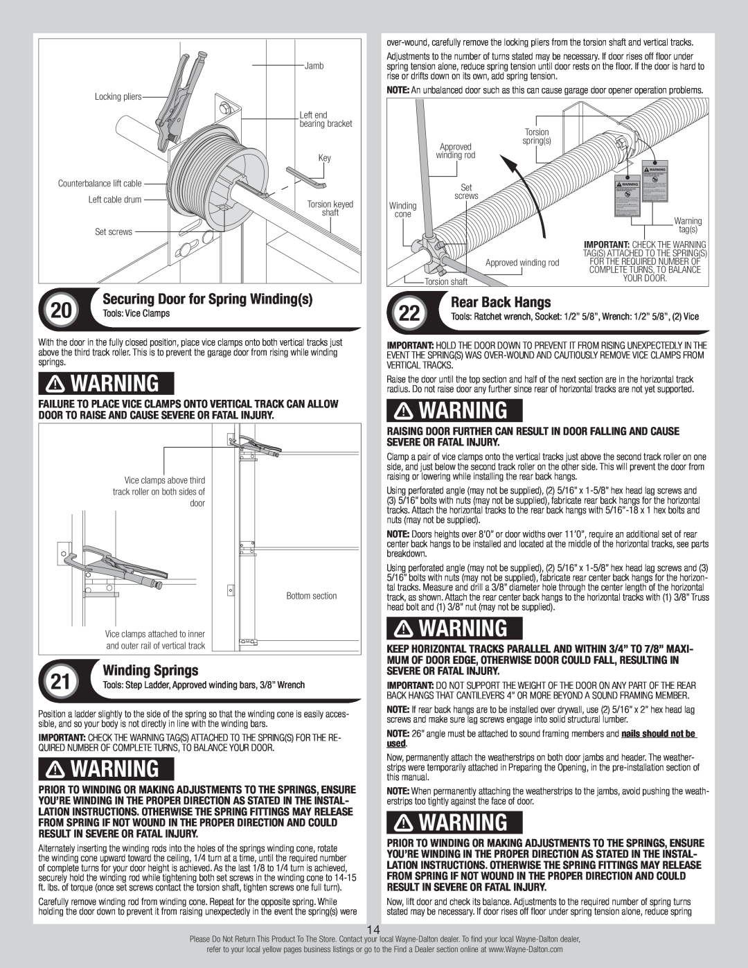 Wayne-Dalton 7100 Series installation instructions Rear Back Hangs, Winding Springs, Securing Door for Spring Windings 