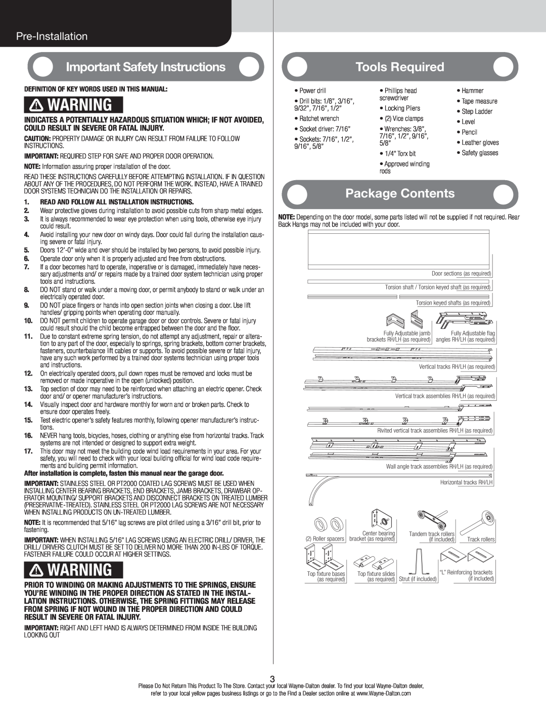 Wayne-Dalton 7100 Series Important Safety Instructions, Tools Required, Package Contents, Pre-Installation 