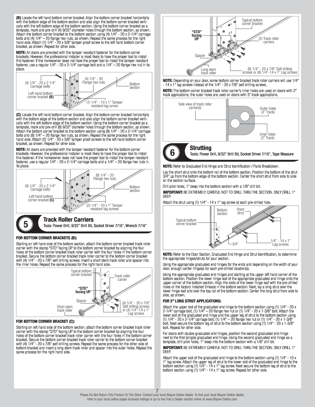 Wayne-Dalton 7100 Series installation instructions Track Roller Carriers, Strutting 