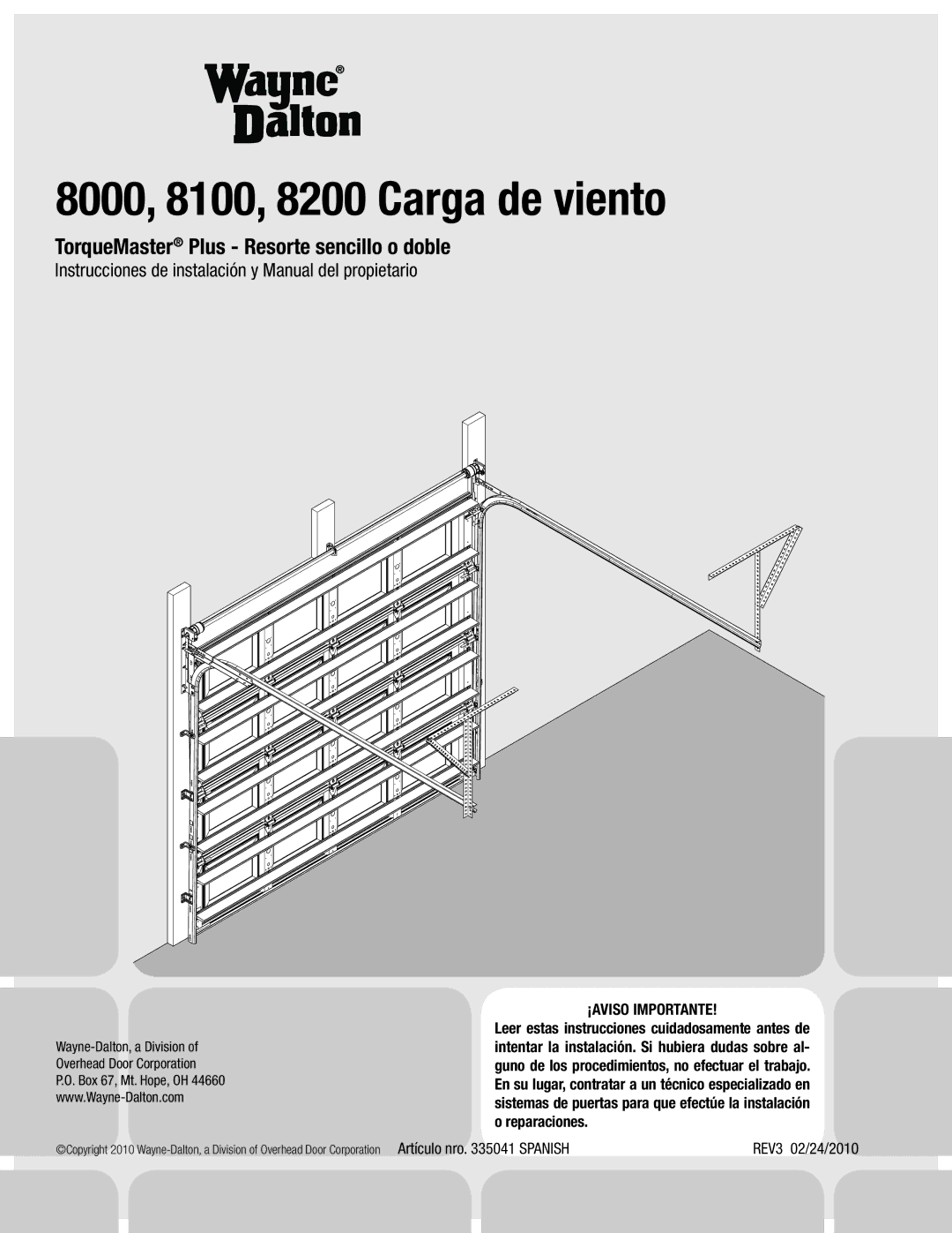 Wayne-Dalton 8100, 8000, 8200 manual Instrucciones de instalación y Manual del propietario, REV3 02/24/2010 