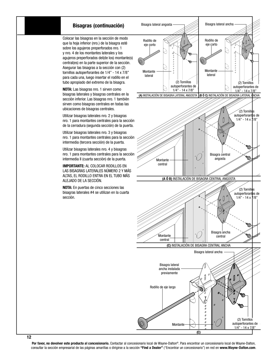 Wayne-Dalton 8000 Bisagras continuación, Nota Las bisagras nro sirven como, Ubicaciones de bisagras centrales, Sección 
