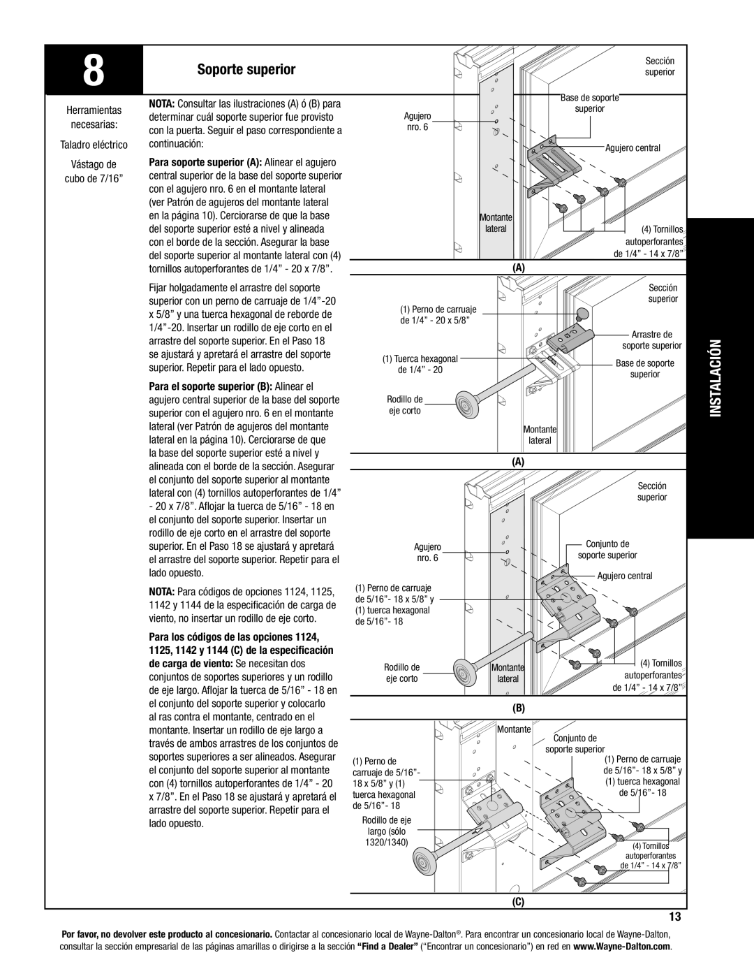 Wayne-Dalton 8100, 8000, 8200 manual Soporte superior 