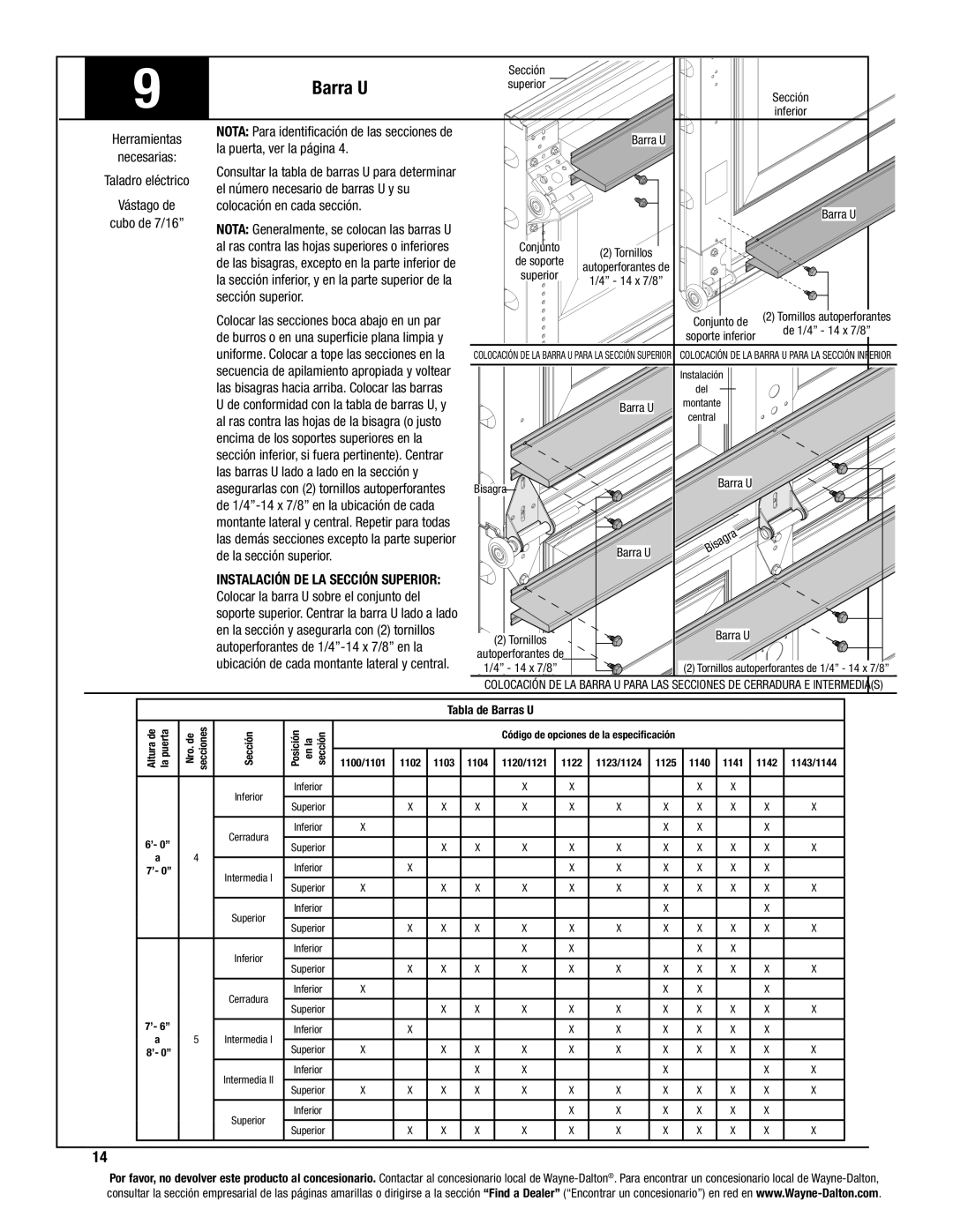 Wayne-Dalton 8200, 8000, 8100 manual Barra U, Taladro eléctrico, Sección superior, Instalación DE LA Sección Superior 