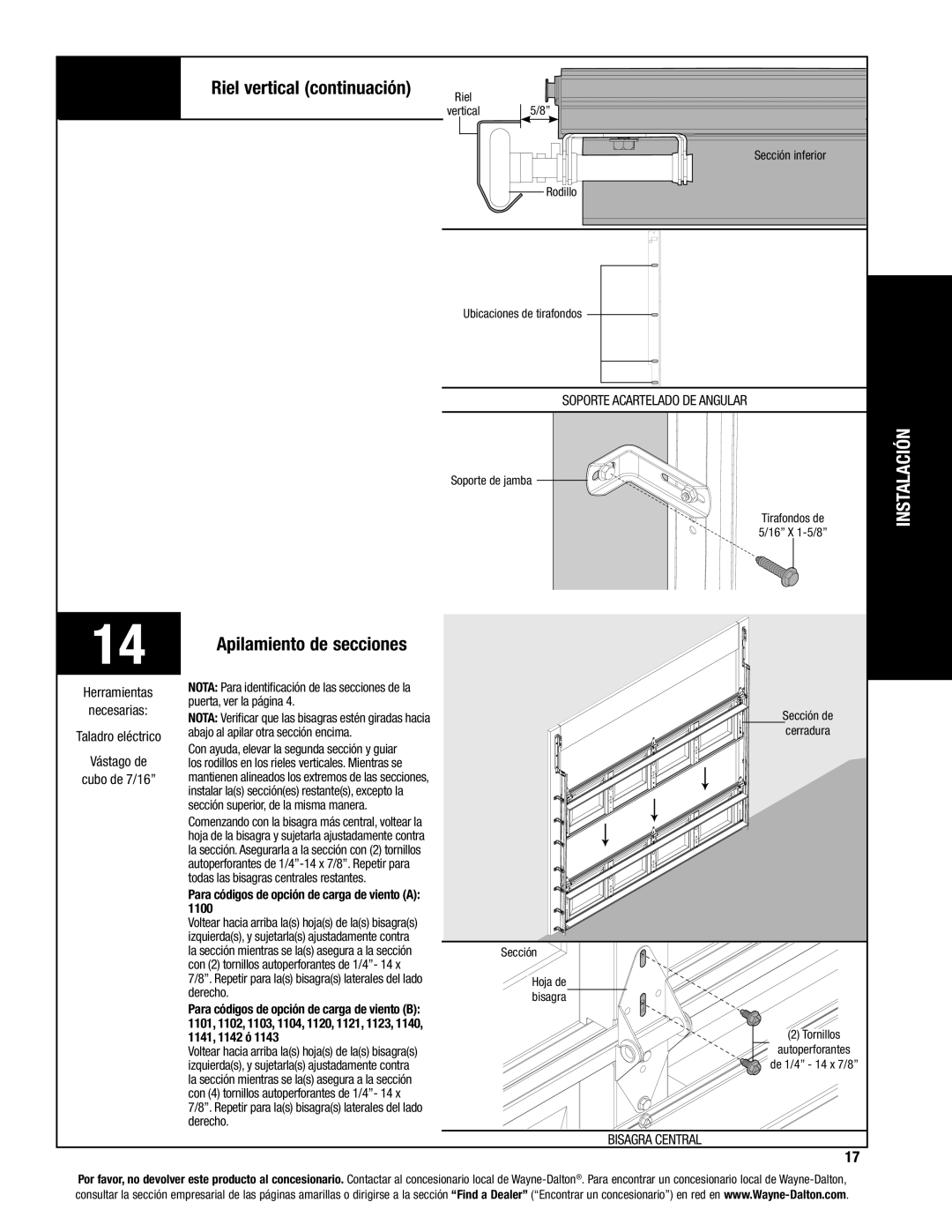 Wayne-Dalton 8200, 8000, 8100 manual Riel vertical continuación, Apilamiento de secciones, Bisagra Central 