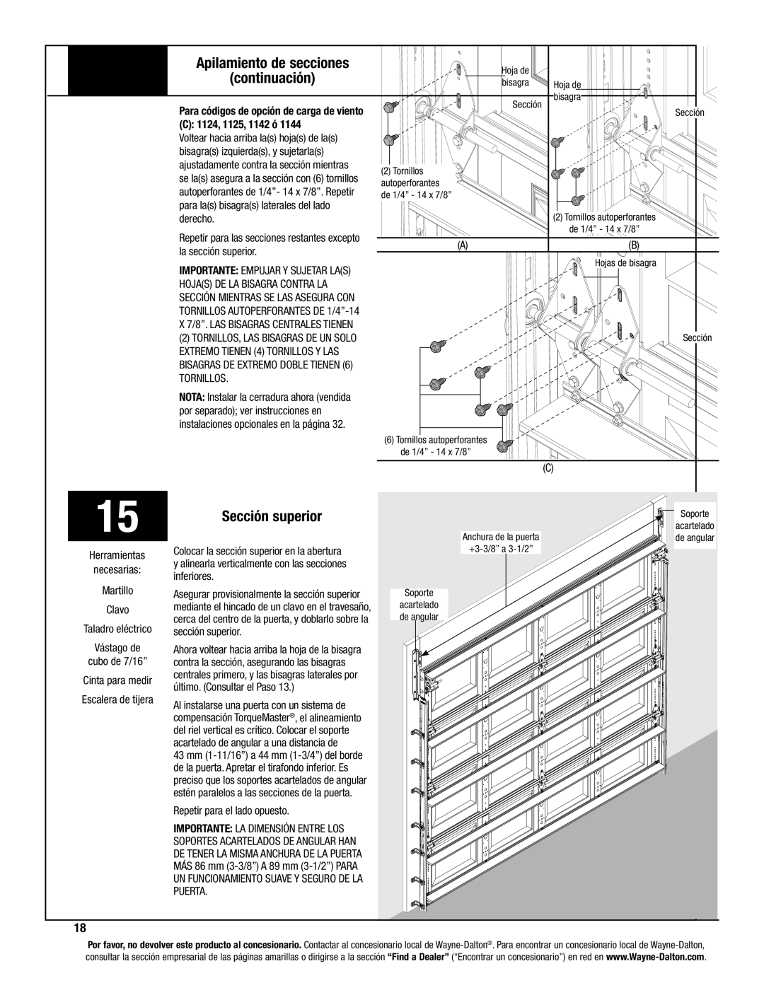 Wayne-Dalton 8000, 8100, 8200 manual Continuación, Sección superior, Hojas DE LA Bisagra Contra LA, Tornillos, Puerta 