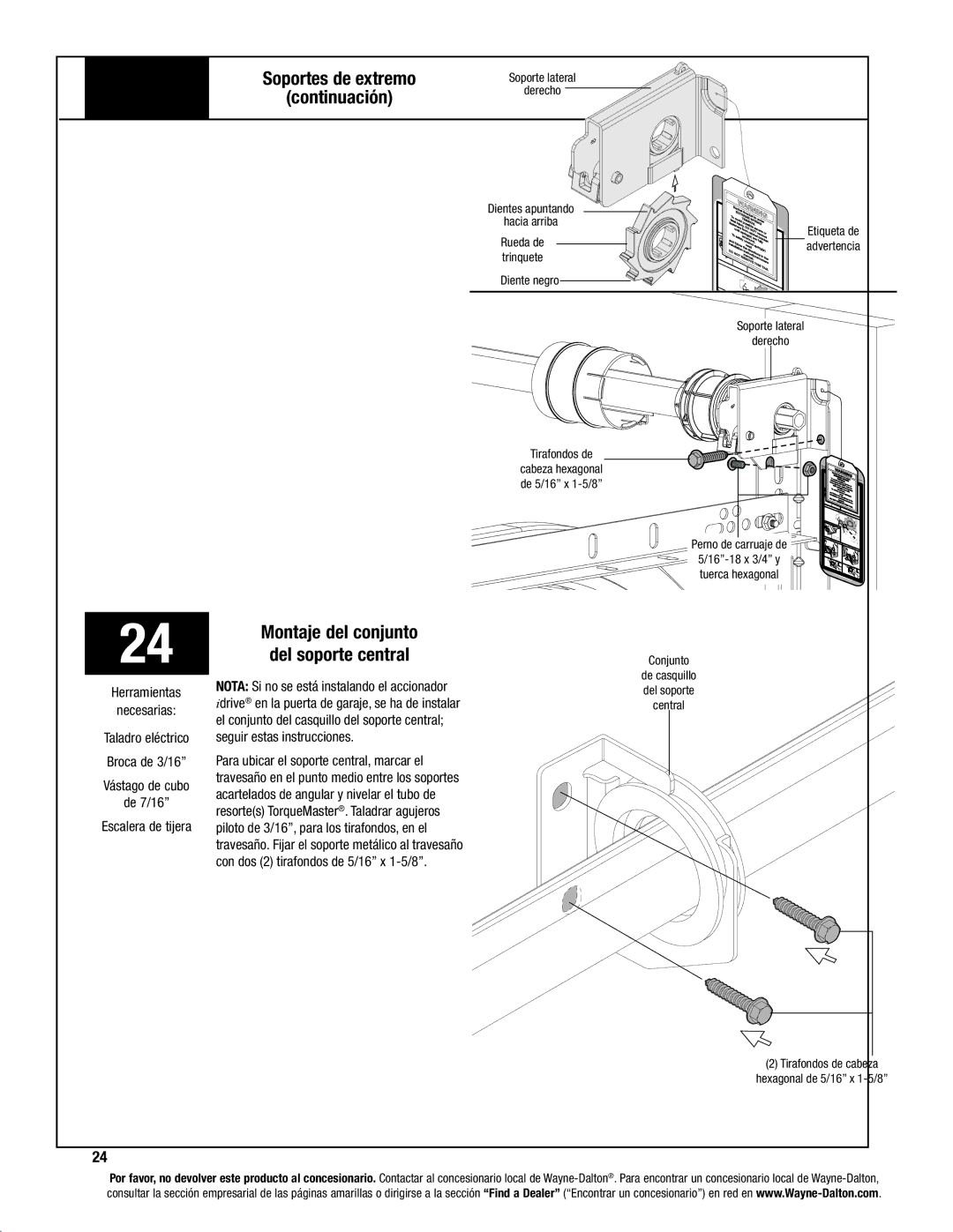 Wayne-Dalton 8000, 8100, 8200 manual Soportes de extremo Continuación, Montaje del conjunto, Del soporte central 