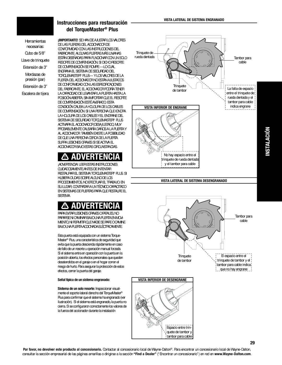 Wayne-Dalton 8200, 8000, 8100 manual Instrucciones para restauración, Del TorqueMaster Plus 