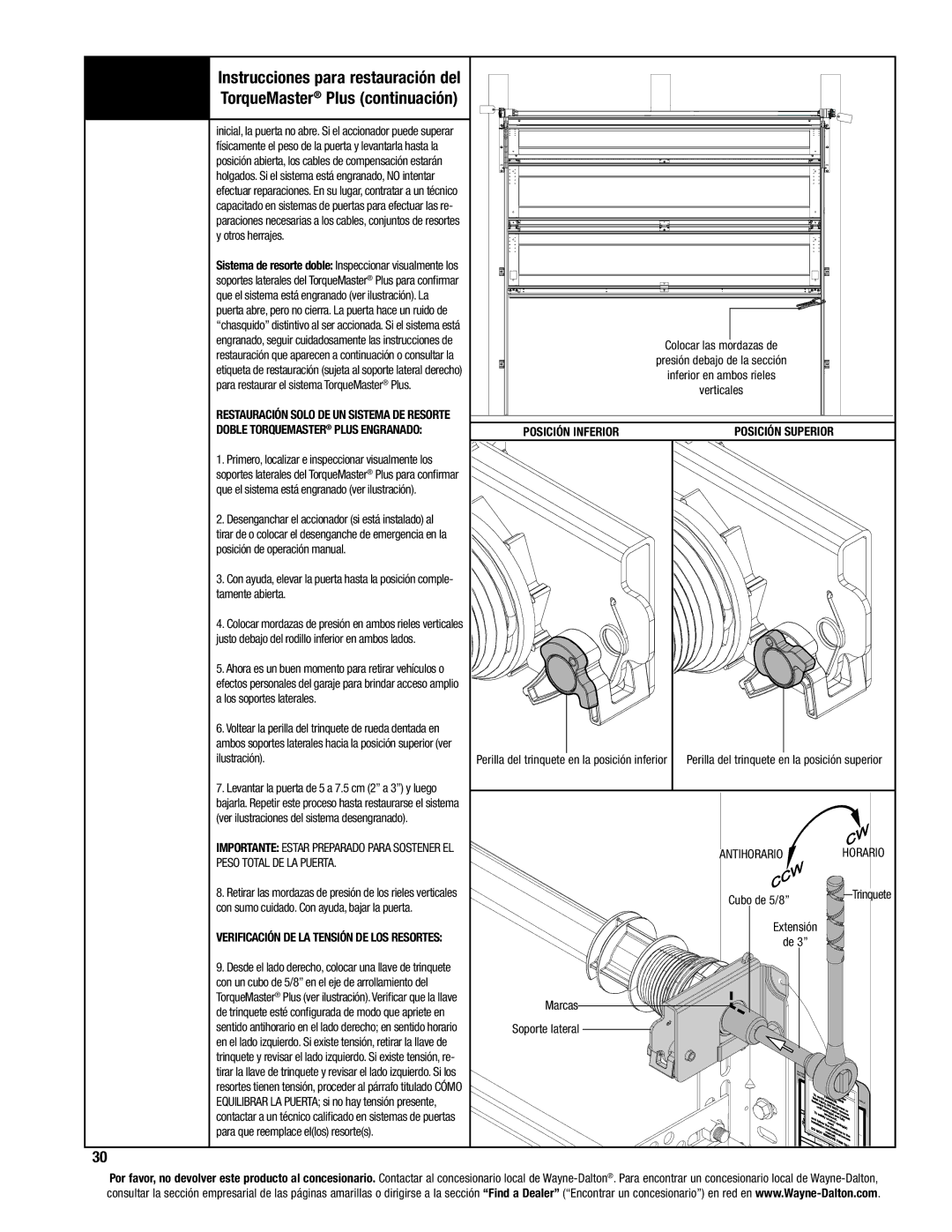 Wayne-Dalton 8000, 8100, 8200 manual Peso Total DE LA Puerta, Posición Inferior, Antihorario 