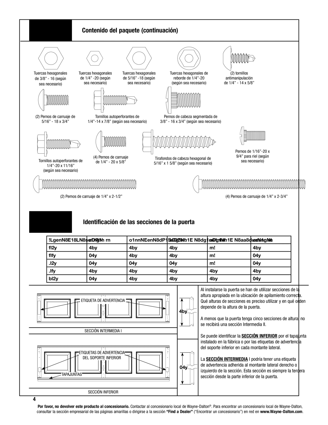 Wayne-Dalton 8100, 8000, 8200 manual Contenido del paquete continuación, Identificación de las secciones de la puerta 