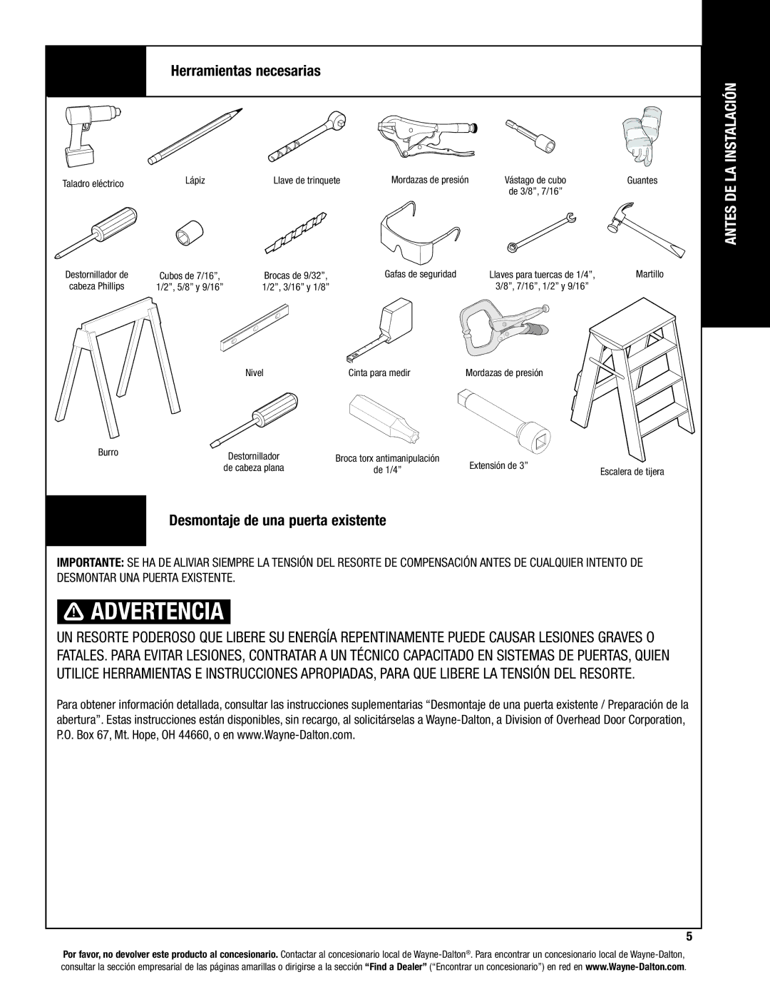 Wayne-Dalton 8200, 8000, 8100 manual Herramientas necesarias, Desmontaje de una puerta existente 