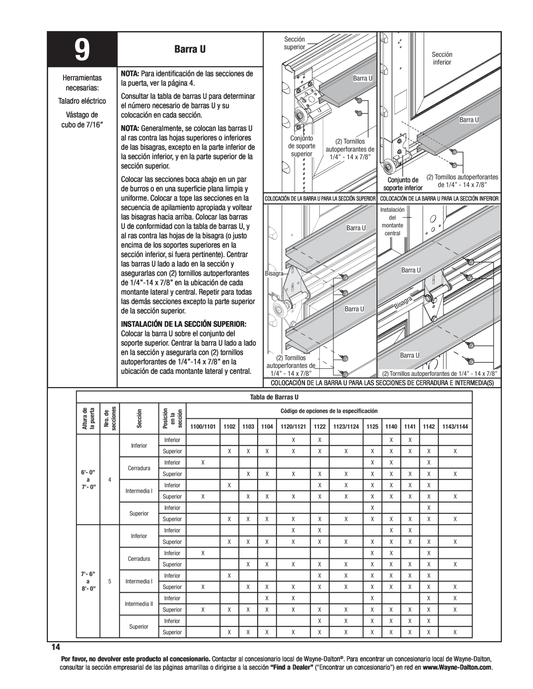 Wayne-Dalton 8200, 8000, 8100 manual Barra U, Taladro eléctrico, la puerta, ver la página, sección superior 