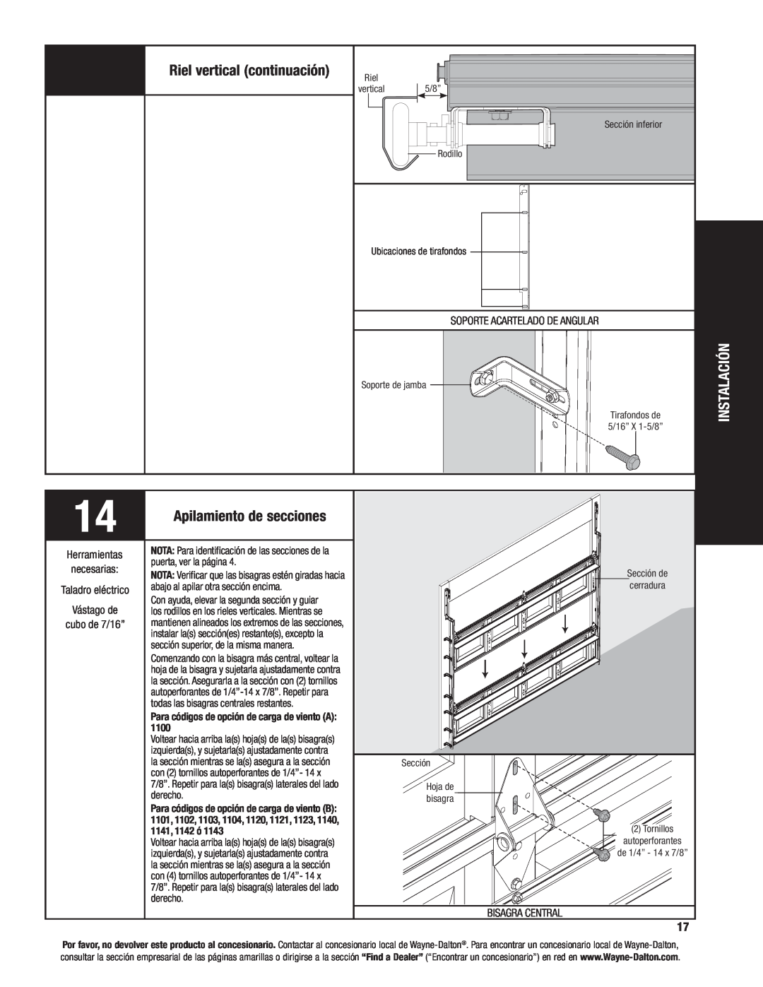 Wayne-Dalton 8200, 8000, 8100 manual Riel vertical continuación, Instalación, Apilamiento de secciones, Bisagra Central 