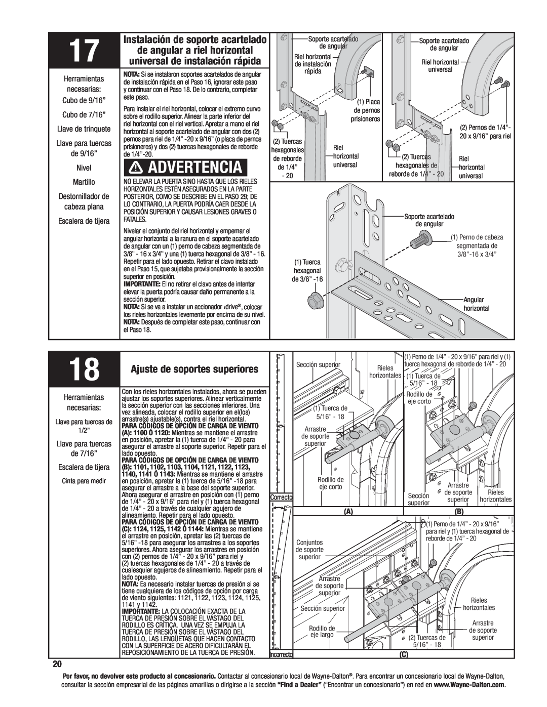 Wayne-Dalton 8200, 8000, 8100 manual Advertencia, Instalación de soporte acartelado, de angular a riel horizontal 
