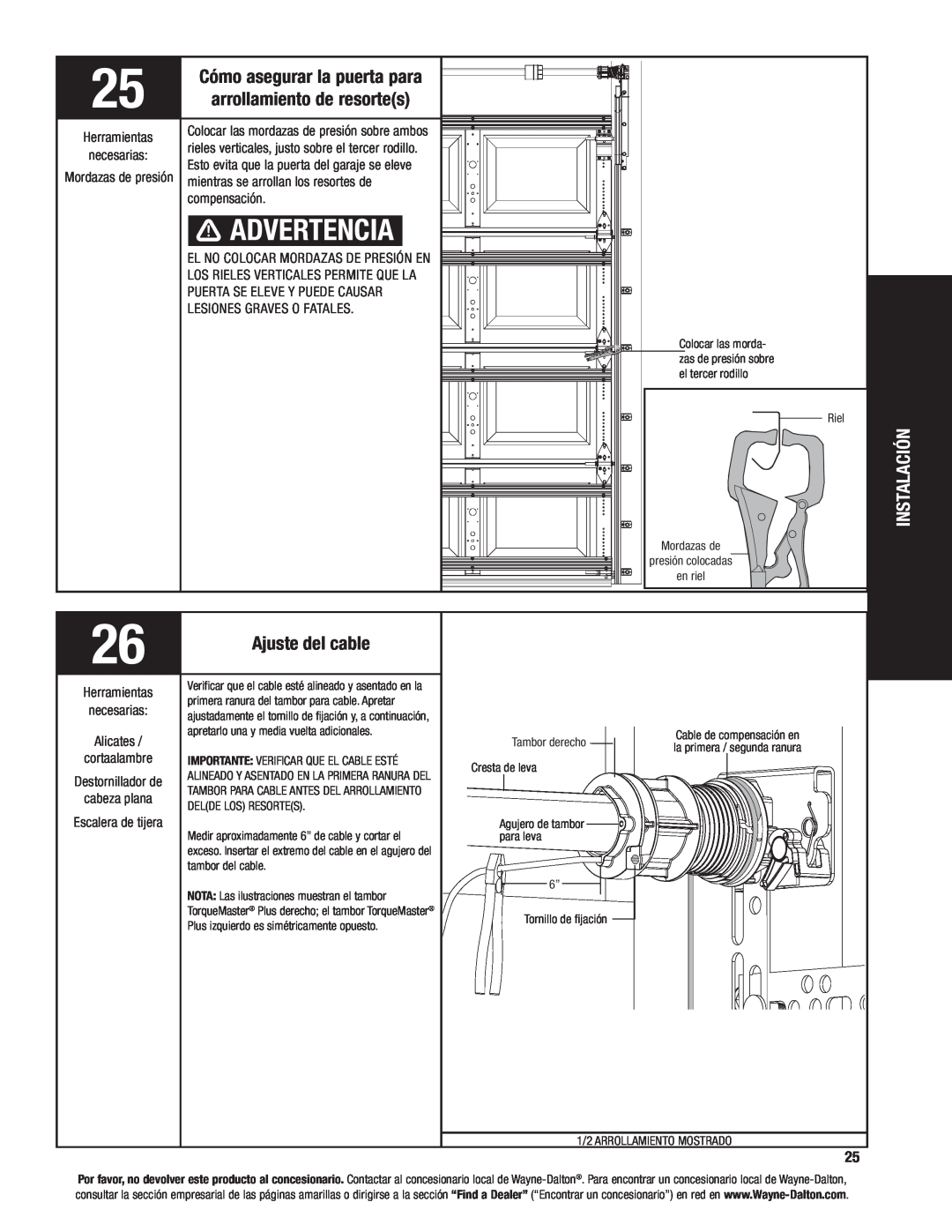Wayne-Dalton 8100 Advertencia, Instalación, Cómo asegurar la puerta para, rieles verticales, justo sobre el tercer rodillo 