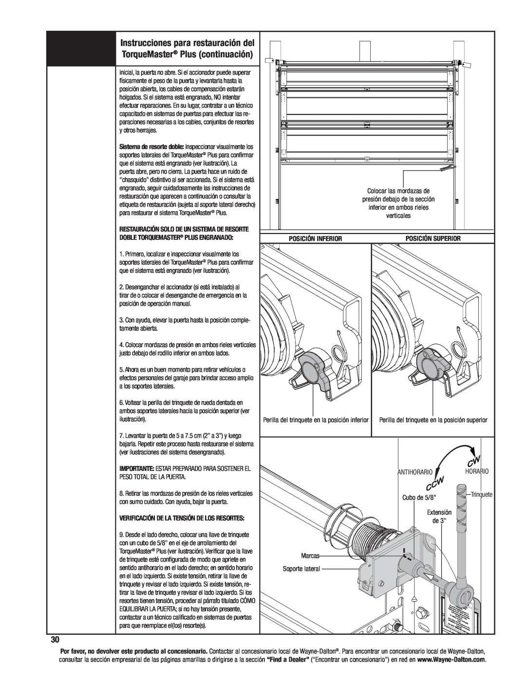 Wayne-Dalton 8000, 8100, 8200 manual Instrucciones para restauración del, TorqueMaster Plus continuación 