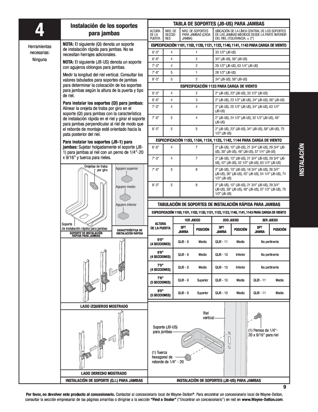 Wayne-Dalton 8000, 8100, 8200 manual Instalación de los soportes, para jambas 