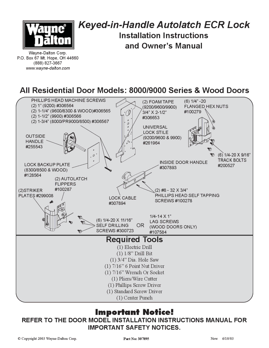 Wayne-Dalton 9000, 8000 installation instructions Keyed-in-Handle Autolatch ECR Lock 