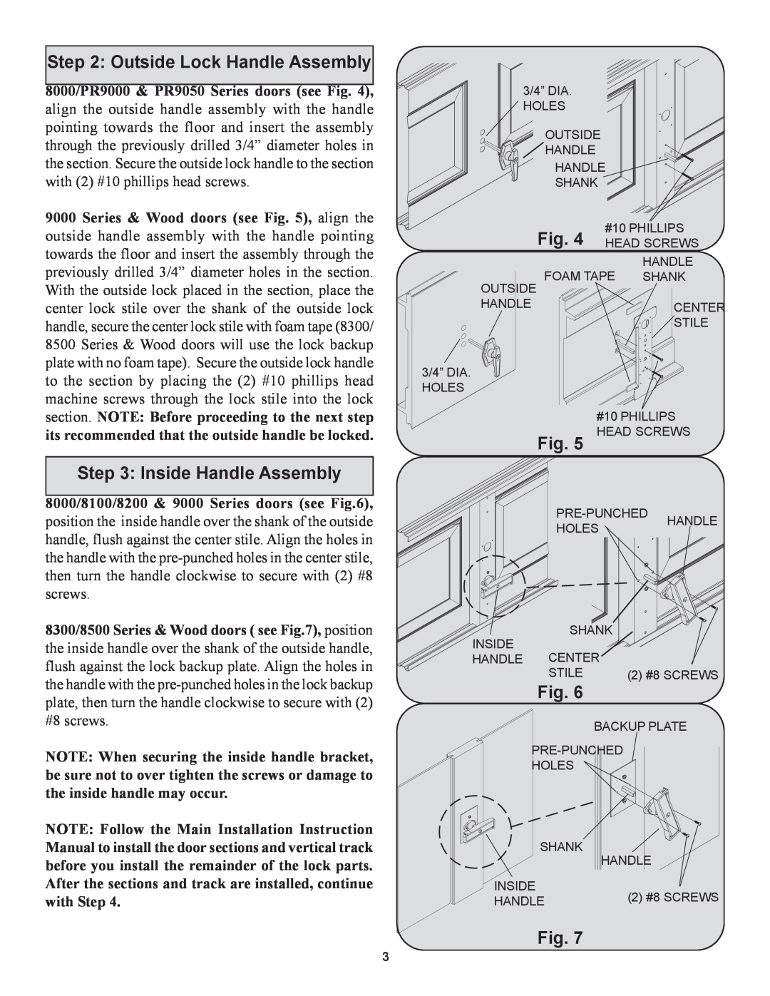 Wayne-Dalton 9000, 8000 installation instructions Outside Lock Handle Assembly, Inside Handle Assembly 