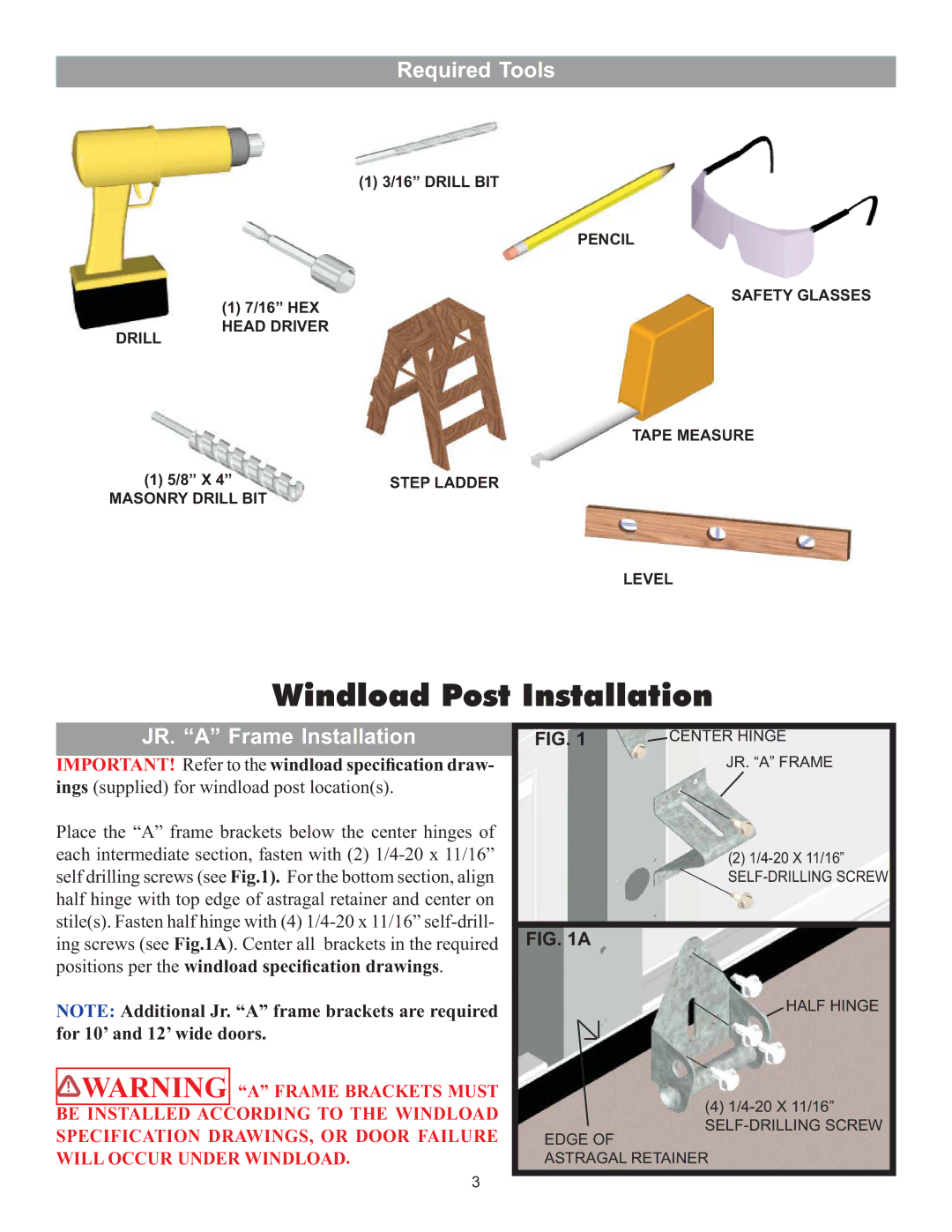 Wayne-Dalton 8000 installation instructions Required Tools, JR. a Frame Installation 