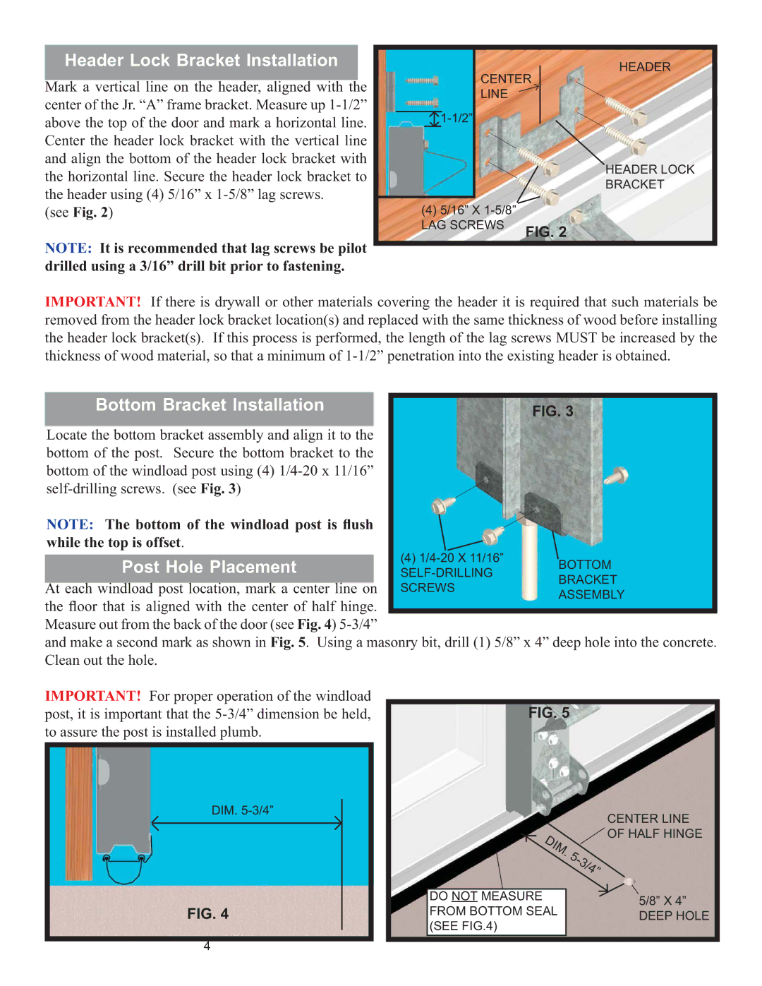 Wayne-Dalton 8000 Header Lock Bracket Installation, Bottom Bracket Installation, Post Hole Placement 