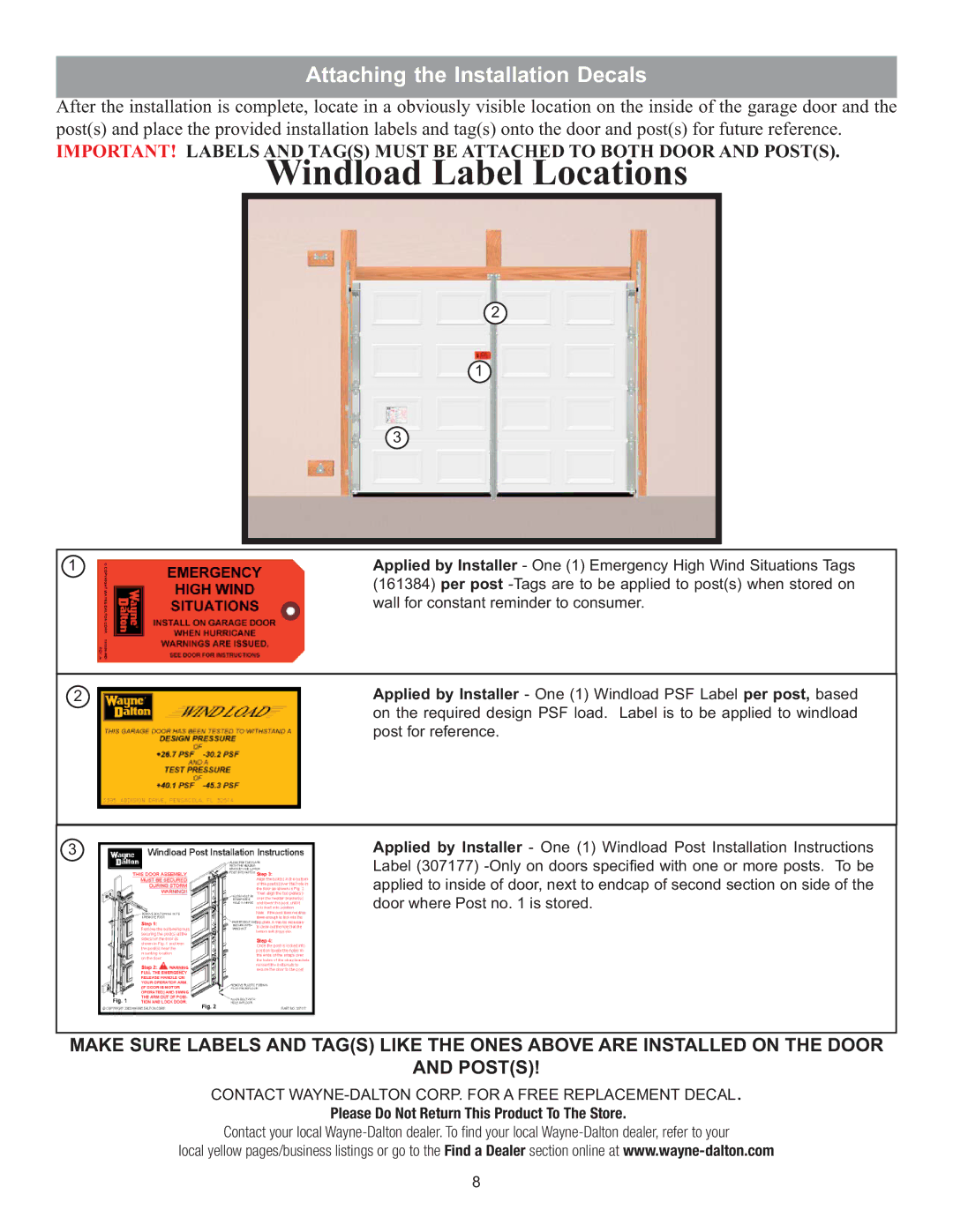 Wayne-Dalton 8000 installation instructions Windload Label Locations, Attaching the Installation Decals 