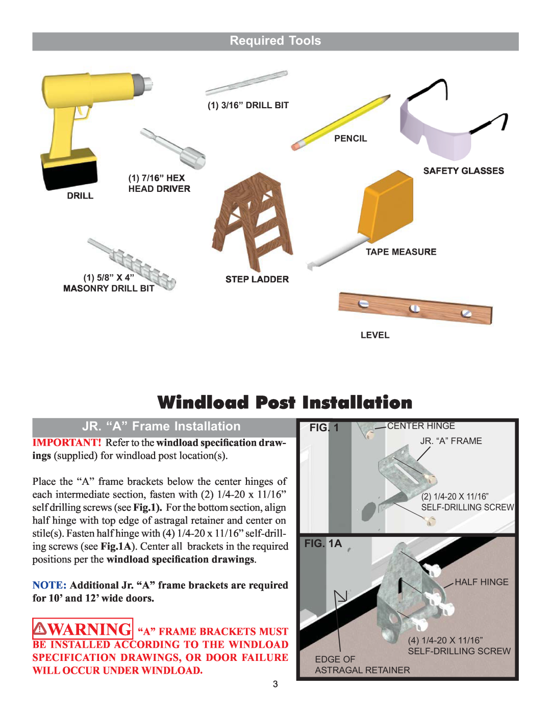 Wayne-Dalton 8000 installation instructions Required Tools, JR. “A” Frame Installation, Windload Post Installation 
