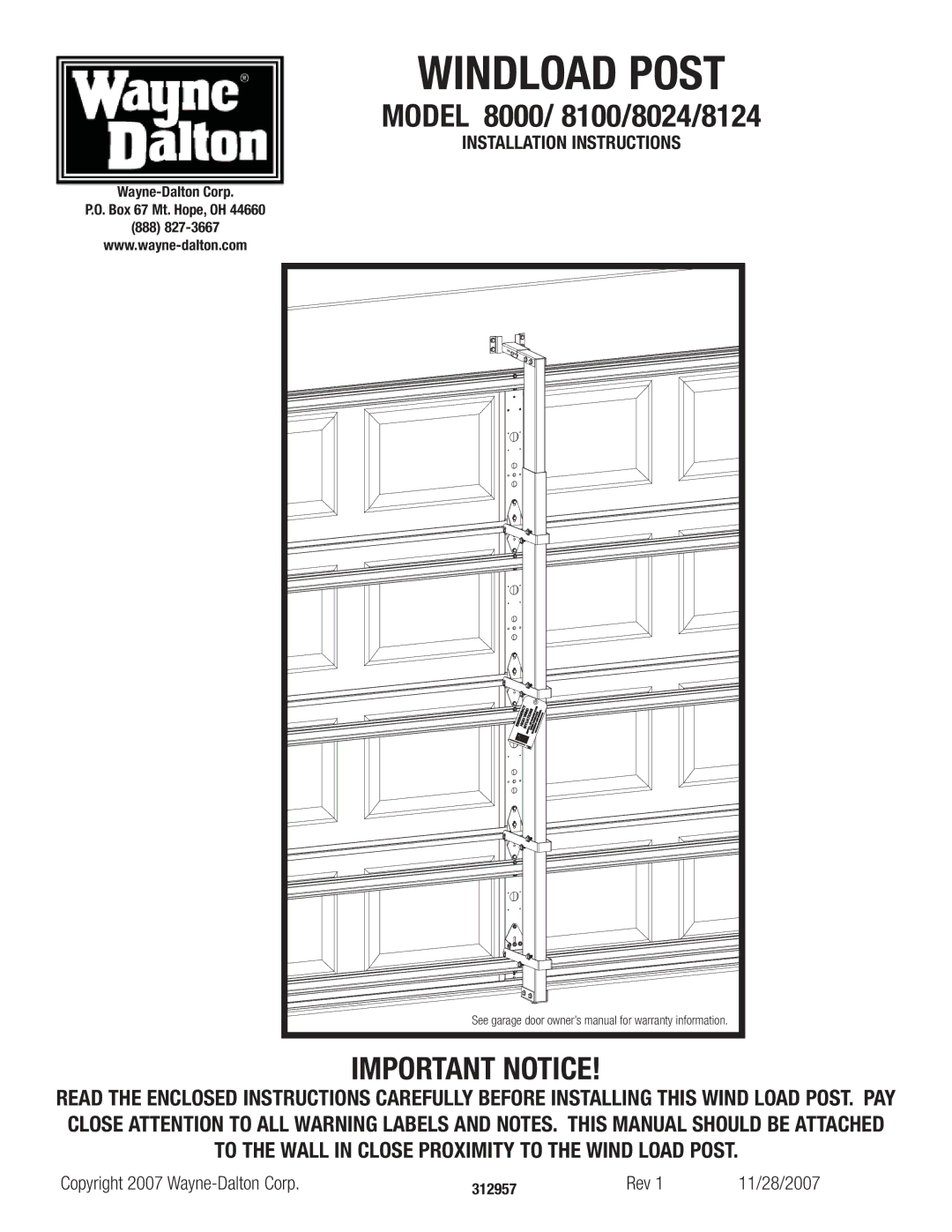 Wayne-Dalton 8024, 8100, 8124 installation instructions Windload Post, Important Notice 