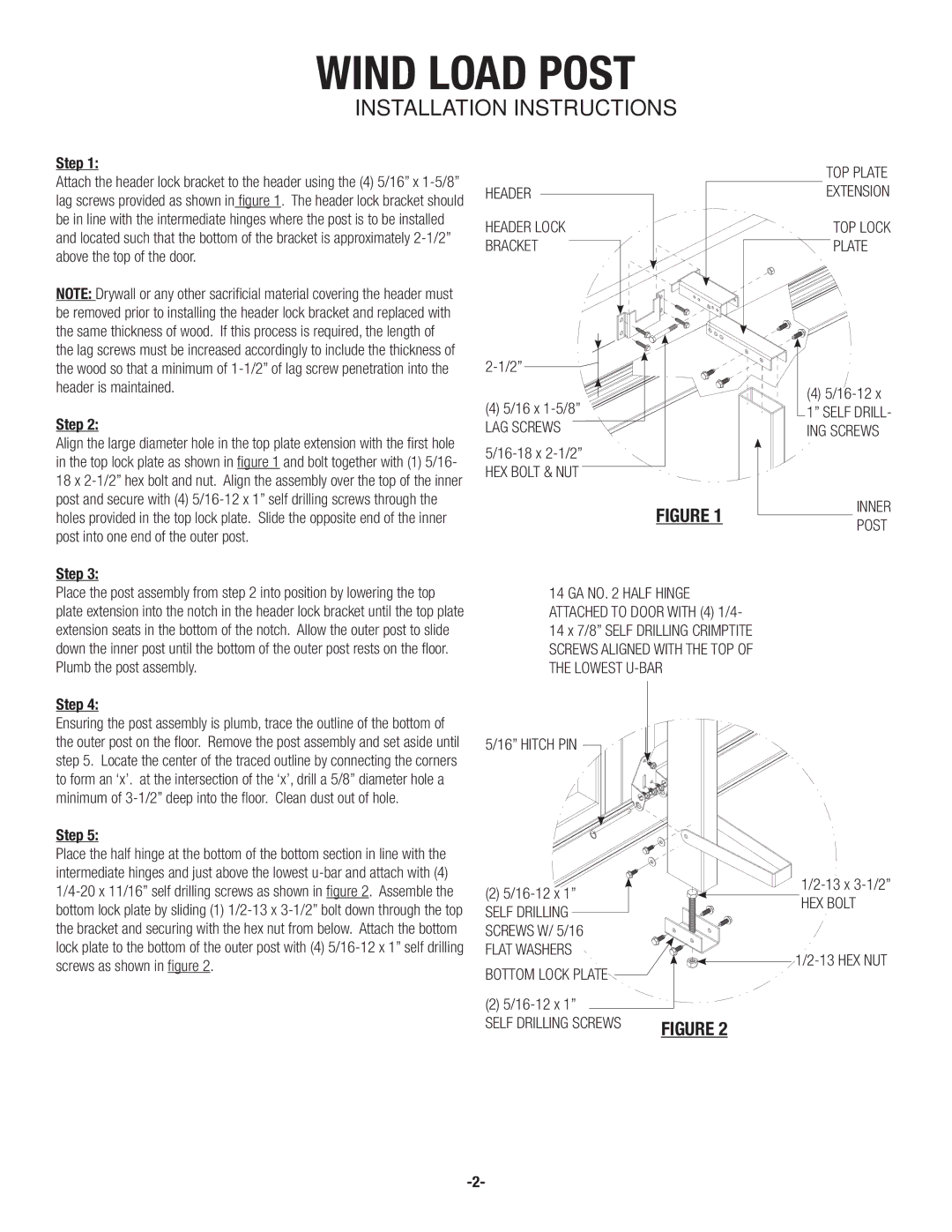 Wayne-Dalton 8124, 8100, 8024 installation instructions Wind Load Post, Installation Instructions 