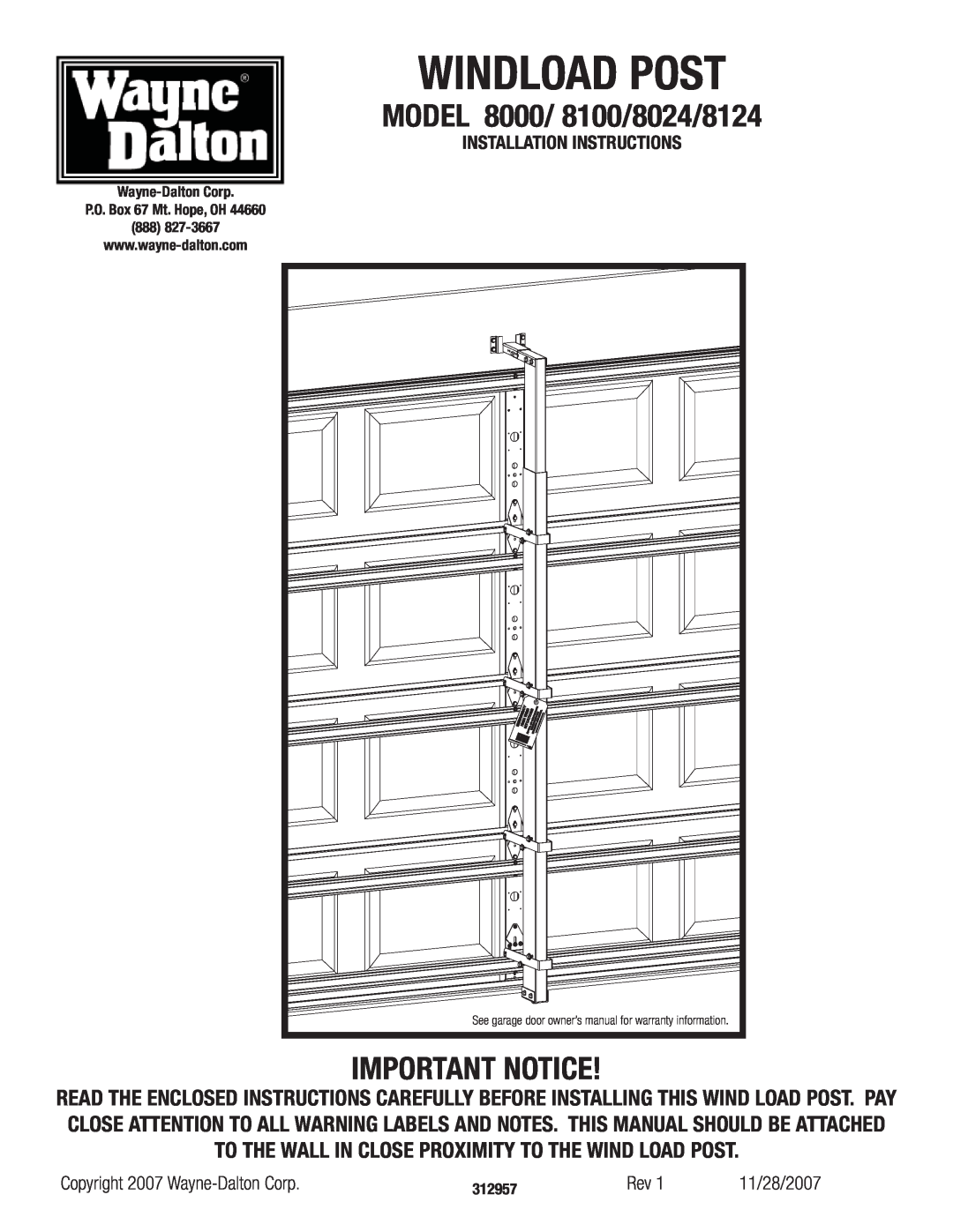 Wayne-Dalton installation instructions Windload Post, MODEL 8000/ 8100/8024/8124, Important Notice 