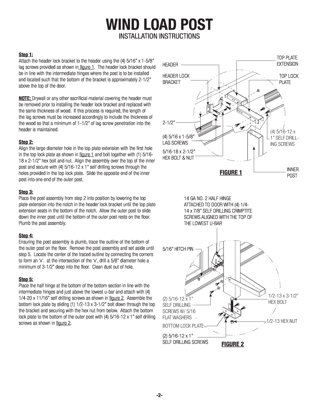 Wayne-Dalton 8124, 8100, 8024 installation instructions Wind Load Post, Installation Instructions 