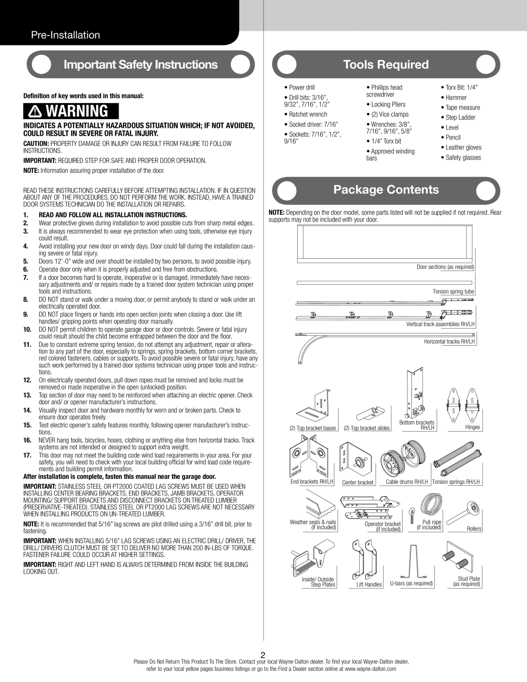 Wayne-Dalton 8300, 8500 installation instructions Important Safety Instructions 