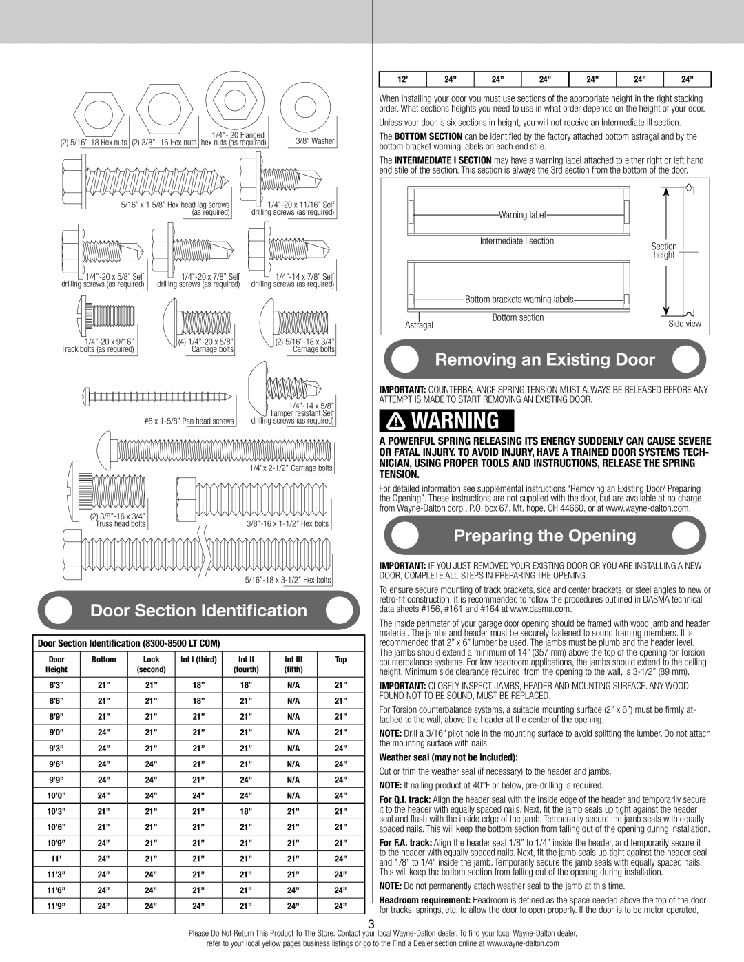 Wayne-Dalton 8500, 8300 Intermediate I section, Bottom brackets warning labels Astragal Bottom section 