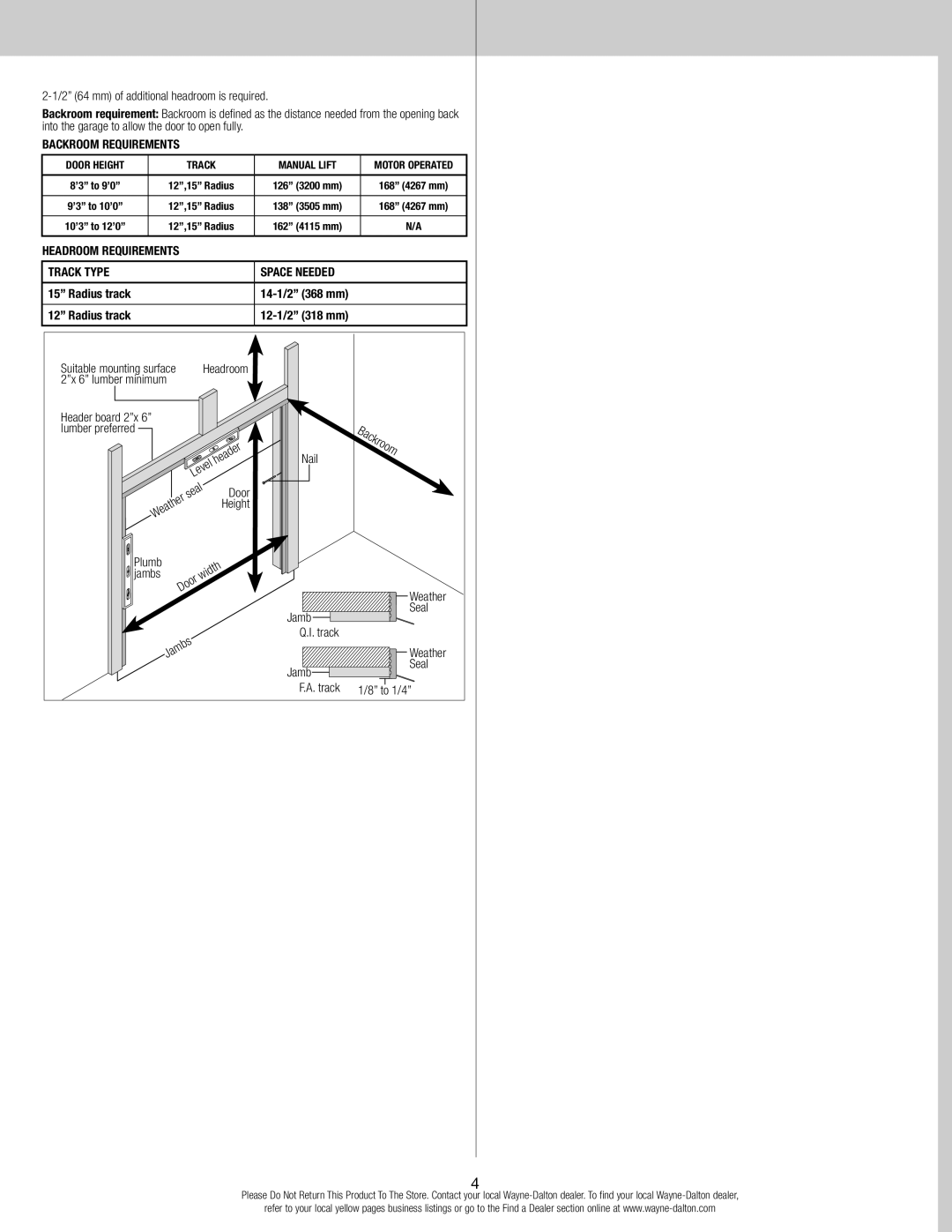 Wayne-Dalton 8300, 8500 installation instructions Track Type Space Needed 