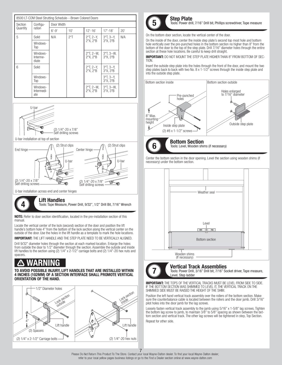 Wayne-Dalton 8500, 8300 installation instructions Lift Handles, Step Plate, Bottom Section, Vertical Track Assemblies 