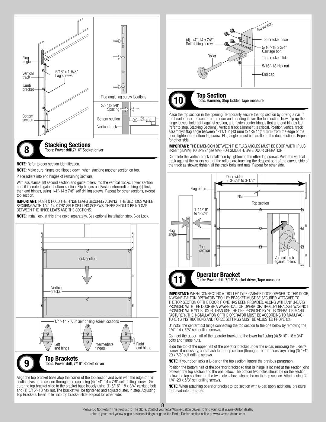 Wayne-Dalton 8300, 8500 installation instructions Stacking Sections, Top Brackets, Top Section, Operator Bracket 