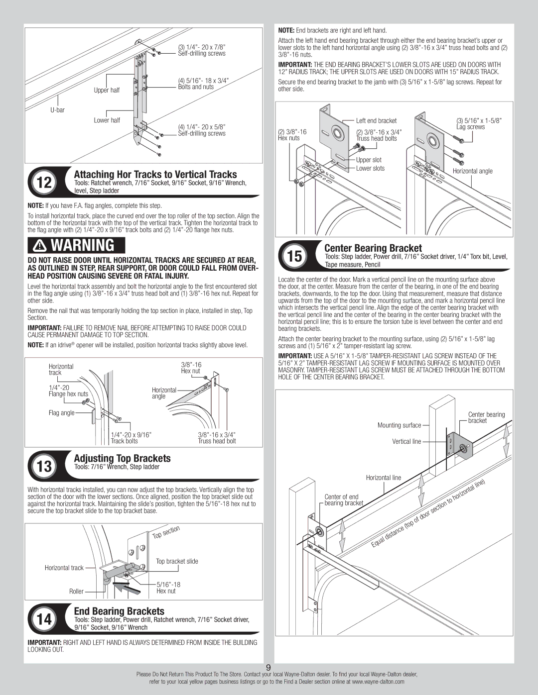 Wayne-Dalton 8500, 8300 installation instructions End Bearing Brackets, Center Bearing Bracket 