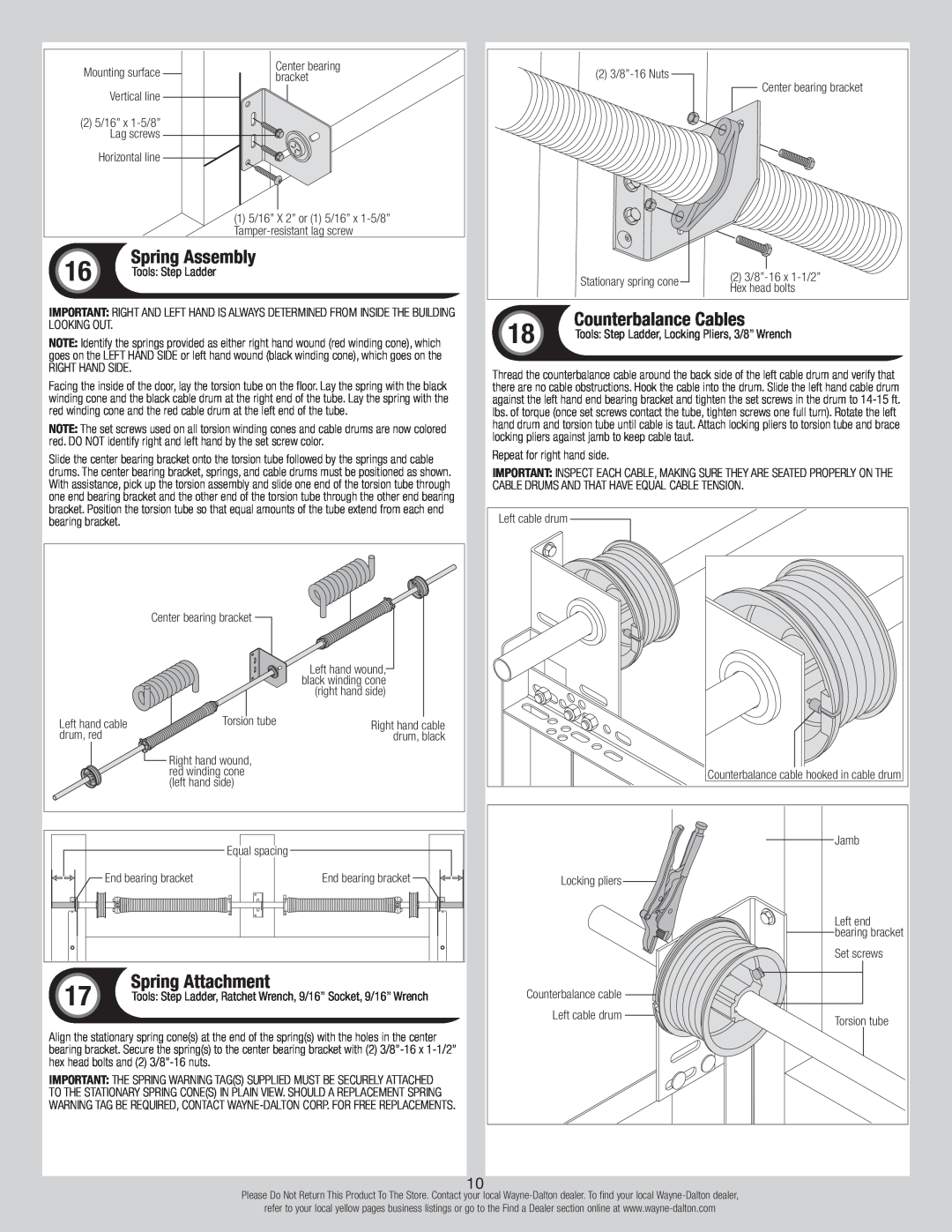 Wayne-Dalton 8300, 8500 installation instructions Counterbalance Cables, Spring Attachment, Spring Assembly 